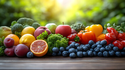 Wall Mural - Close-up of vibrant freshfruits and vegetablesarranged in a balancedlayout on a wooden tablesymbolizing healthy gutnutrition and natural
wellness.