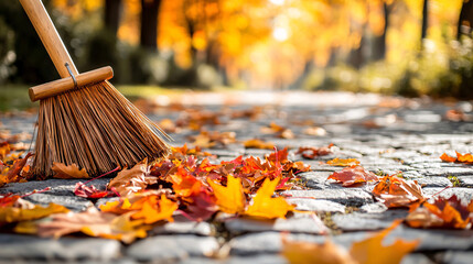 Sticker - Beautiful autumn landscape with yellow trees and sun. Colorful foliage in the park. Falling leaves natural background
