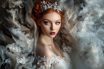 Wall Mural - Beautiful young woman, wearing a white veil and a white lace