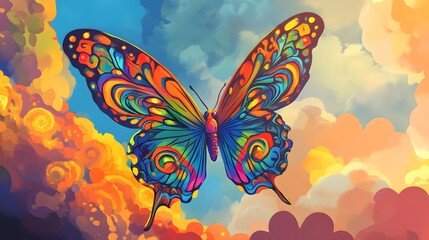 A funky cartoon butterfly with swirling patterns on its wings, flying through a bright, psychedelic sky