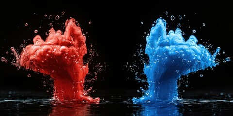 Vivid splashes of red and blue liquid against a black background.