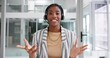 © peopleimages.com - Video call, portrait and black woman in office with headset, smile or crm consultant in sales support webinar. Advice networking or virtual assistant in conversation for online training in meeting