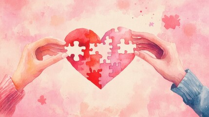 Watercolor of hand holding Puzzle Heart Isolated color background,red heart made of puzzles,Two hands holding puzzle missing puzzle,vector illustration,Valentine day,couple love concept,copy space.