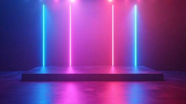 A minimalistic, yet colorful stage with soft light reflections and neon accents, perfect for event promotions with space for text.