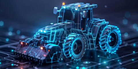Poster - Digital wireframe visualization of a tractor representing advanced technology and innovation in agriculture, highlighting the future of automated farming machinery.