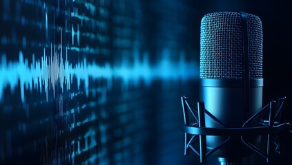 Microphone with sound waves in the background, representing podcasting and audio recording work on a blue digital backdrop. Web banner with copy space on the right side. 