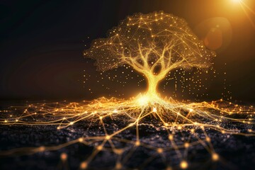 Poster - Digital tree with glowing roots and branches symbolizing the interconnectedness of technology and nature, representing growth and innovation in a virtual environment.
