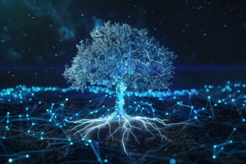 Poster - Digital tree with glowing roots and branches symbolizing the interconnectedness of technology and nature, representing growth and innovation in a virtual environment.