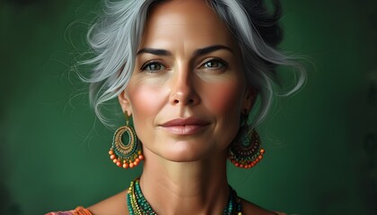 Wall Mural - Graceful Portrait of a Mature Woman with Gray Hair Adorned in Bohemian Jewelry Against a Lush Green Backdrop