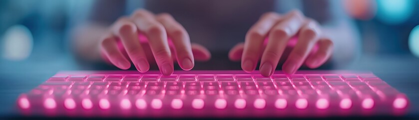 Close-up of hands typing on a modern pink illuminated keyboard, showcasing technology and creativity in a vibrant workspace.
