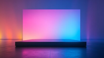 Poster - A sleek, minimalist stage with gradient lighting and multicolored reflections, offering a modern look with copy space available.