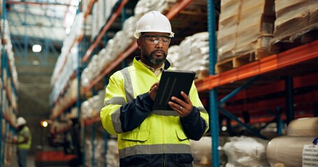 Poster - Black man, helmet and tablet at warehouse for distribution industry, logistics checklist and package inventory. Worker, digital and inspection site of shipping order, supply chain and quality control