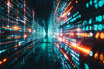 Leinwandbilder - Digital data streams with binary codes, symbolizing the flow of information in cyberspace and the intricate design of modern technology and programming.