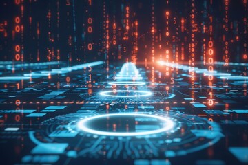 Leinwandbilder - Digital data streams with binary codes, symbolizing the flow of information in cyberspace and the intricate design of modern technology and programming.