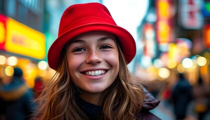 Wall Mural - Joyful girl in a red beanie basking in the lively atmosphere of a bustling city street with vivid signs and vibrant crowds.