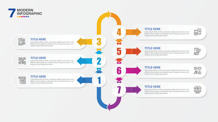 Wall Mural - Modern infographic with 7 steps and business icons for presentation.