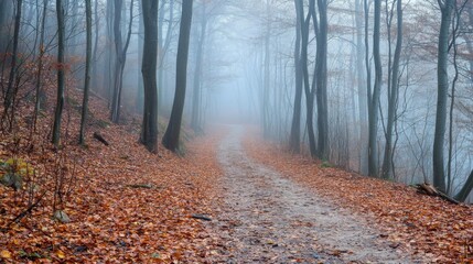 Poster - A winding path cuts through a tranquil forest draped in fog, with fallen leaves covering the ground, creating a peaceful autumn atmosphere in the early morning hours.