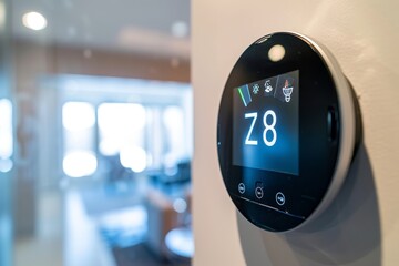 Poster - Smart thermostat on a wall, providing digital temperature control for a modern home, representing convenience and energy efficiency through advanced home technology.