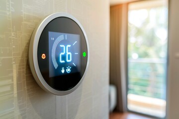 Poster - Smart thermostat on a wall, providing digital temperature control for a modern home, representing convenience and energy efficiency through advanced home technology.