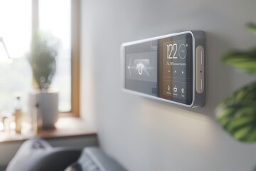 Poster - Smart home control panel with digital interface, allowing users to manage temperature and other settings, showcasing modern home automation technology and energy efficiency.