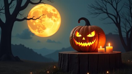 jack o pumpkin lanterns in spooky forest at Night, full moon. Halloween Background