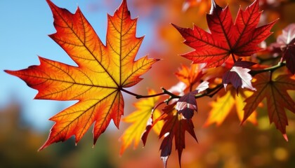 Close-up of Vibrant Autumn Leaves in Various Stages of Color Change, from Green to Red, Set Against a Crisp Blue Sky