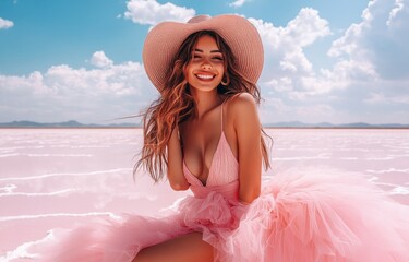 Poster - Portrait of a happy, smiling, beautiful woman in a pink dress and hat standing on a salt lake with white clouds in a blue sky.