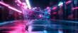 © Ytnart - A vibrant shopping cart brimming with colorful items, illuminated by neon lights in a futuristic retail environment.