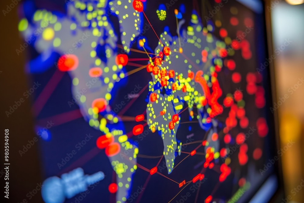 A world map illuminated by digital data points, representing global ...
