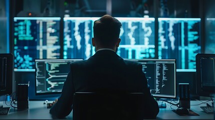 Wall Mural - Hacker sits in front of multiple computer screens, looking at code, in a dark room.