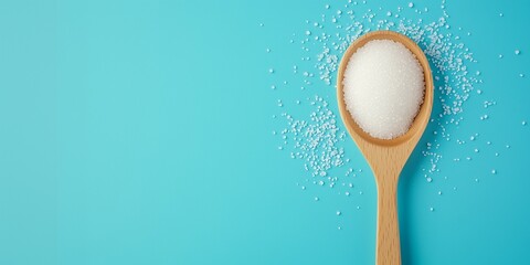 top view of wooden spoon full with sugar grains isolated on light blue background copy space for text