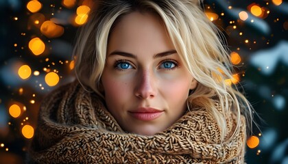 Warm winter portrait of a blonde woman with blue eyes wrapped in a knitted scarf, surrounded by glowing festive lights