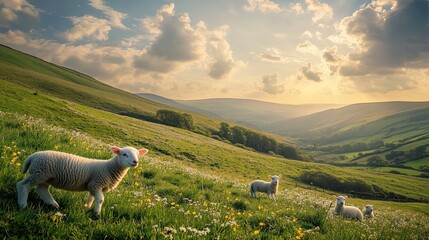 Serene Green Pasture with Sheep Under a Beautiful Sky