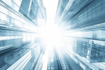 Aufkleber - Modern skyscrapers rising towards the sky in an abstract perspective, highlighting the futuristic architecture and glass facades of a bustling urban cityscape.