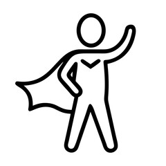 Simple line vector icon of a superhero standing with one hand on his hip and the other raised. Vector illustration