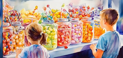 Two children gaze in awe at a colorful candy display, captivated by jars filled with vibrant sweets and treats.