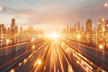 Bright light trails and cityscape at sunset, showcasing the vibrant energy and futuristic feel of a bustling urban landscape illuminated by glowing lights and rapid motion.