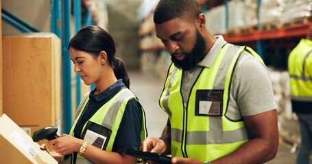 Canvas Print - Employees, warehouse and box with scanner for product, stocktaking and distribution. Manufacturing, people and tablet for recording delivery or package for supplier, supply chain and logistics