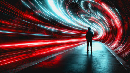 Wall Mural - Person in a dynamic sci-fi tunnel with red and blue light trails, futuristic atmosphere