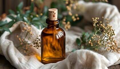 Wall Mural - Amber glass bottle with wooden cap nestled among natural elements on rustic fabric background