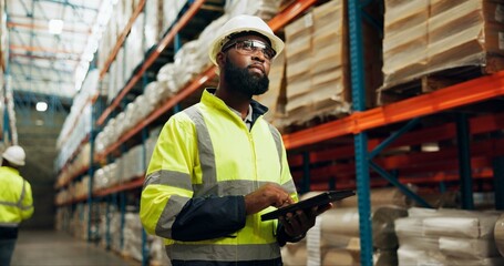 Poster - Warehouse, man and tablet in inspection on logistic, quality control or stock management as supervisor. Engineer, technology and maintenance for freight, supply chain and factory in shipping company