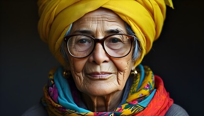 Canvas Print - Elderly woman in stylish glasses and yellow turban, adorned with colorful scarf against a deep background