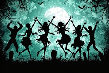 Silhouetted figures joyfully leaping under a crescent moon with bats flying in a spooky night sky