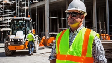 A construction site scene featuring a worker in a safety vest and hard hat, overseeing machinery and workers.