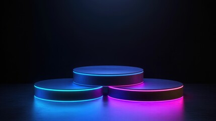 Poster - Three illuminated platforms against a dark background.