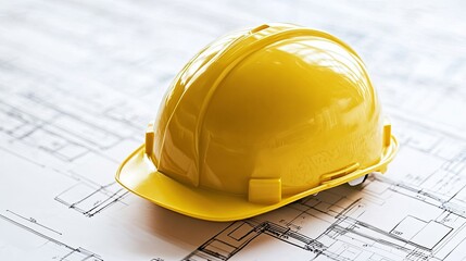 A yellow hard hat rests on architectural blueprints, symbolizing construction and safety in the building industry.