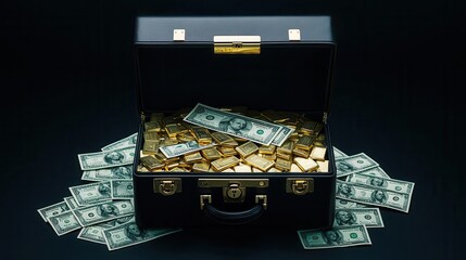 A briefcase overflowing with money, gold bars, and financial documents, symbolizing abundant wealth management