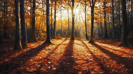 Serene Autumn Forest with Golden Light and Long Shadows