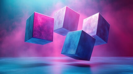 Canvas Print - Abstract floating cubes in vibrant colors with a misty background.