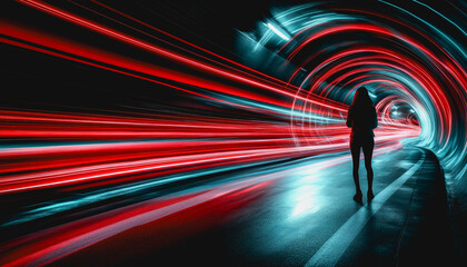 Wall Mural - Person in a dynamic sci-fi tunnel with red and blue light trails, futuristic atmosphere